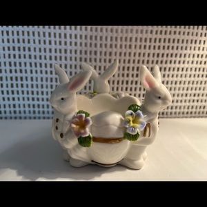 Whimsical Porcelain Easter Egg Cup/Holder with 3-D Bunnies & Flowers - As-New